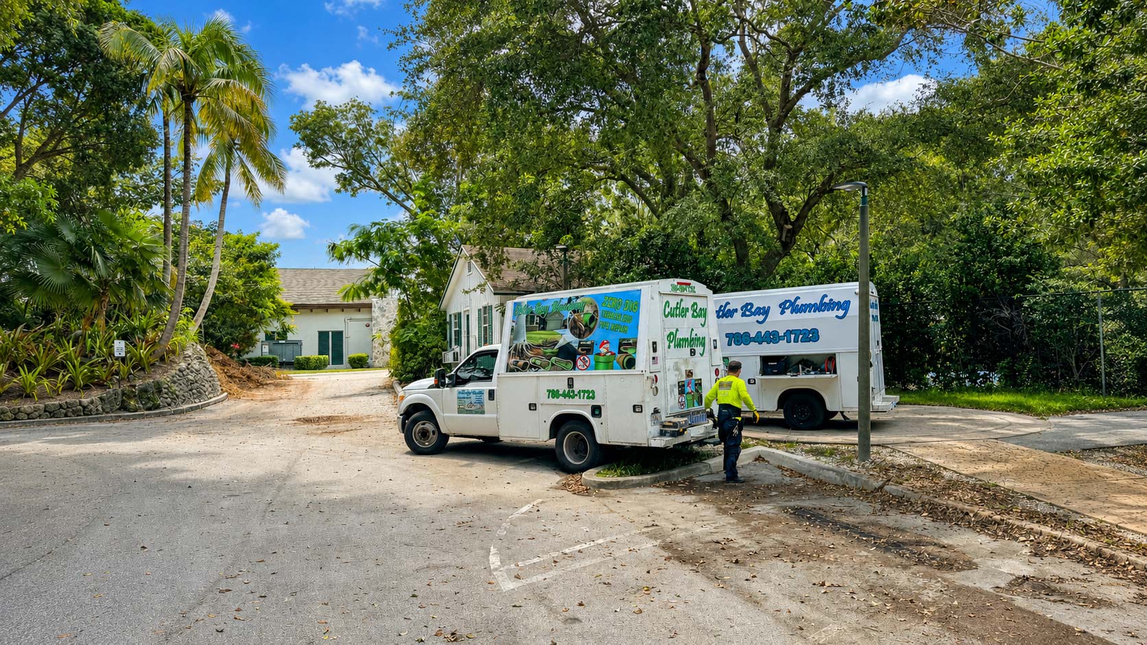 Cutler Bay Plumbing van positioned outside a neighborhood home