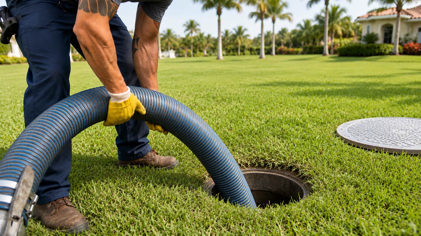 Technicians pumping and servicing an underground septic tank