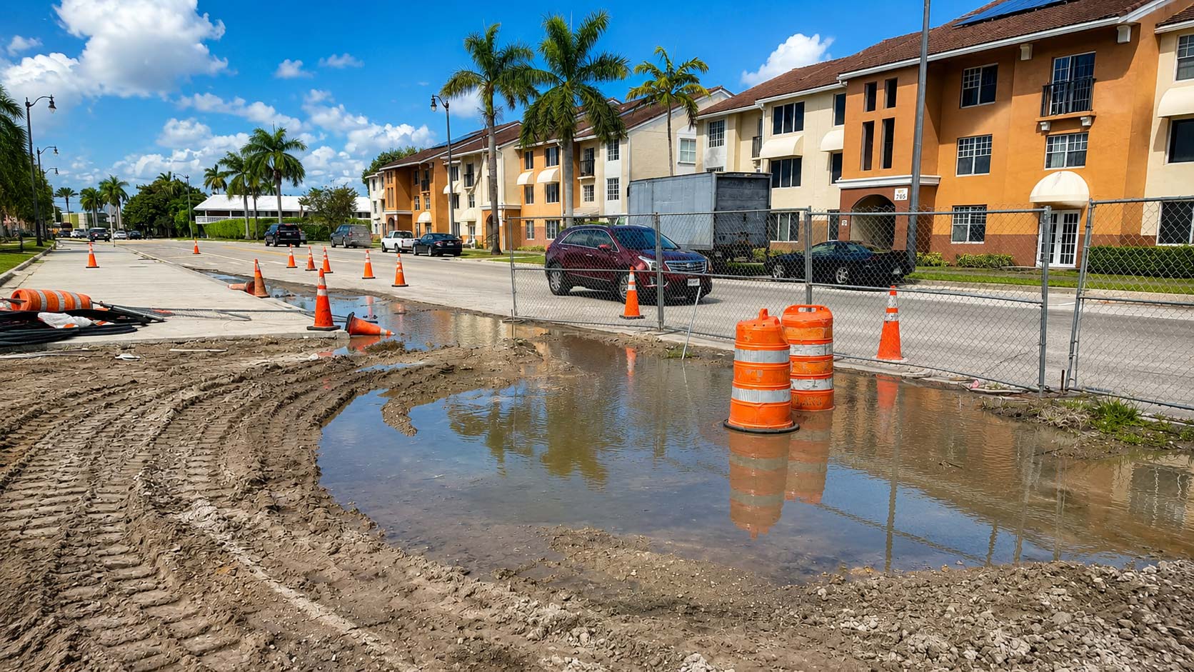 Standing water covering a roadway during a drainage service investigation